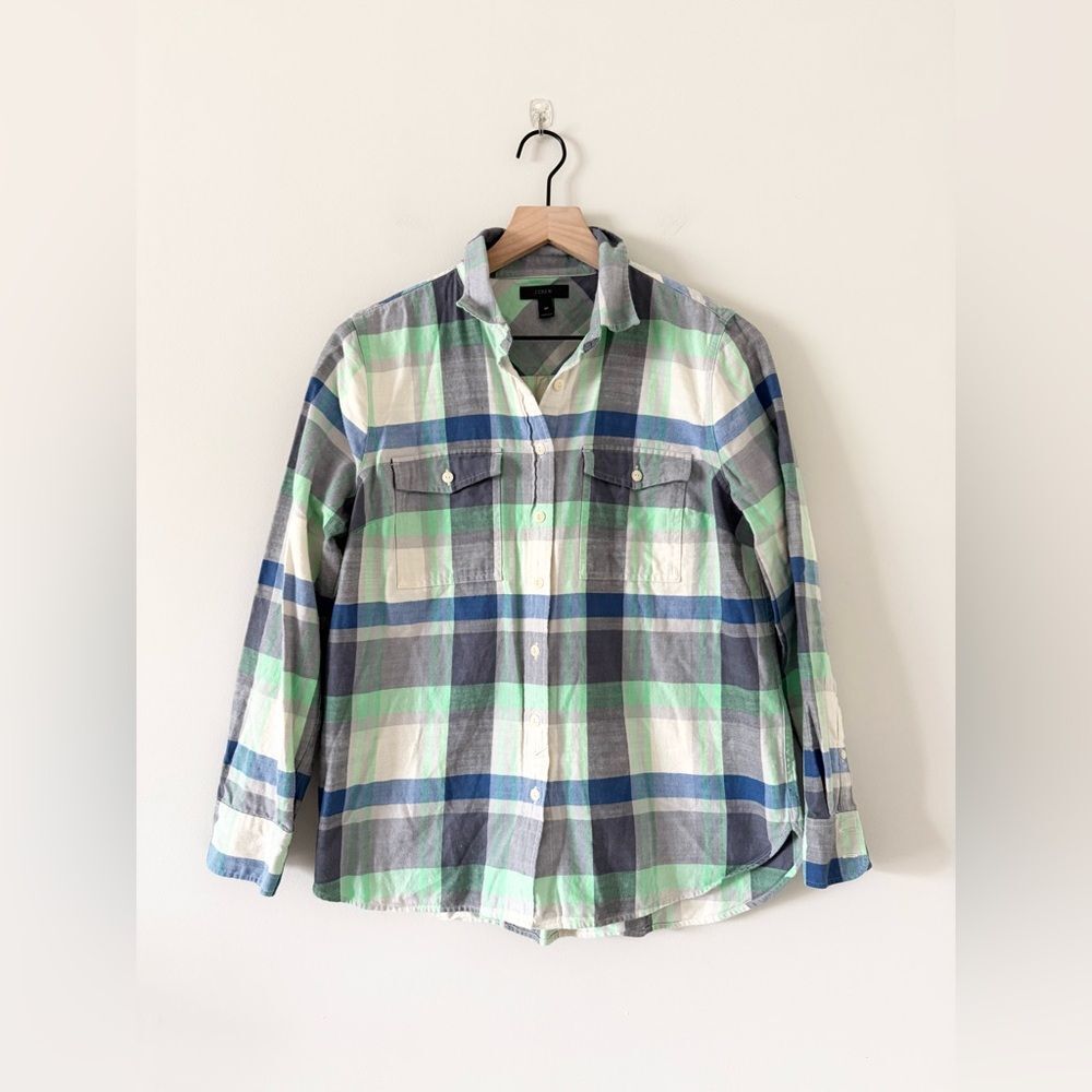 J.Crew Women's 8P Cotton Flannel Shirt Blue Green Gray Plaid Petite